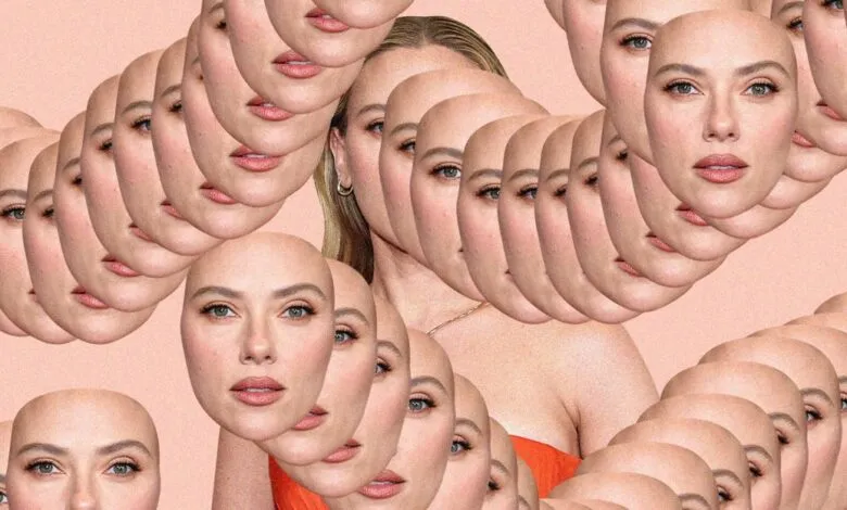 Collage of Scarlett Johansson's face, some bald, some with hair, in a repeating pattern.