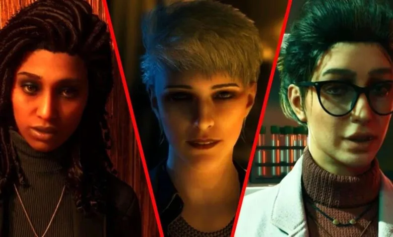 Three women's faces split by red lines, suggesting different characters or choices.