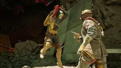 Two characters in a video game scene, one wielding a weapon and the other holding a futuristic gun.