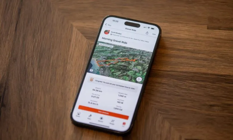 Smartphone displaying a completed gravel bike ride route on a topographic map.
