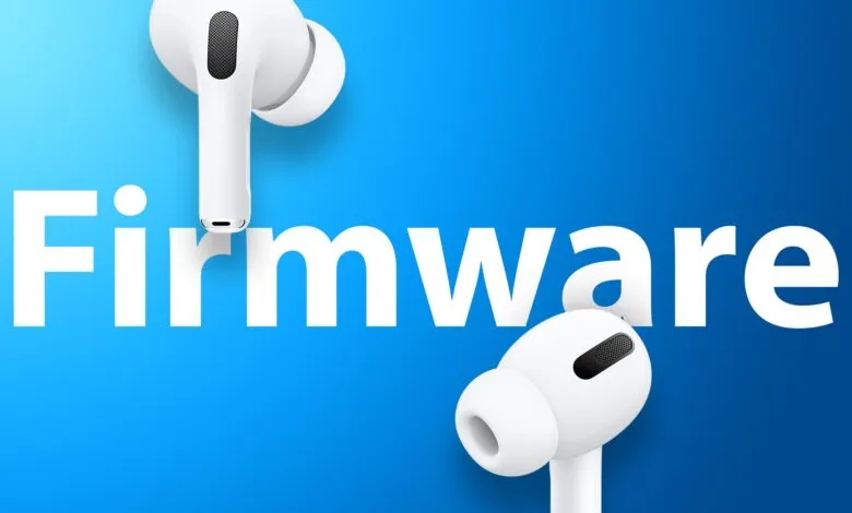 White AirPods Pro earbuds against a bright blue background with the word "Firmware" in large white text.