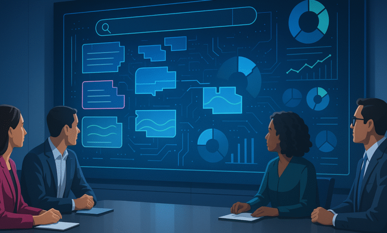 Business professionals analyze data on a large screen displaying charts and search bars.