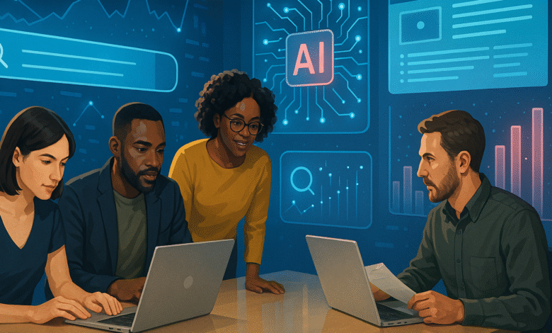 Diverse team collaborating around laptops with AI and data visualizations on screen.