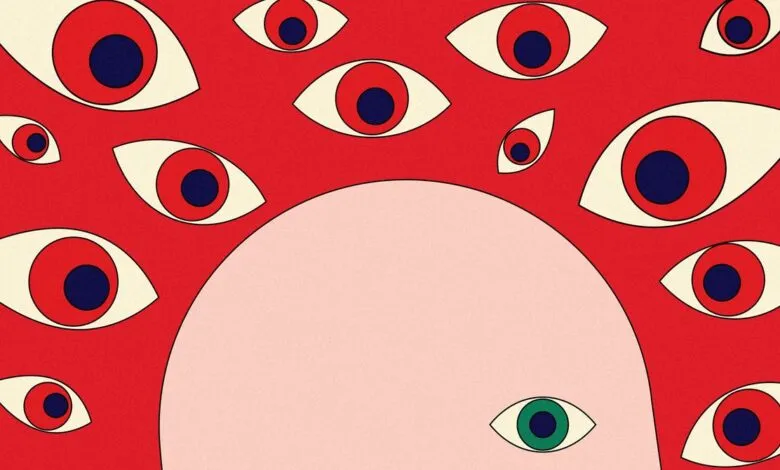 Stylized illustration of many red eyes with dark blue pupils surrounding a pale pink head, with one green eye visible.