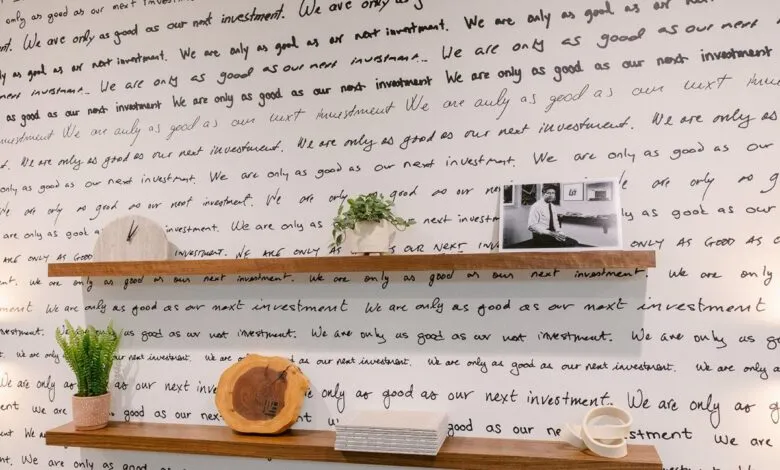 Wall with repeating handwritten text about investment and two wooden shelves with decor.