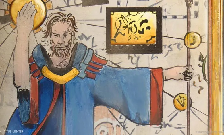 Illustration of a bearded man in blue robes holding a golden orb and a staff.
