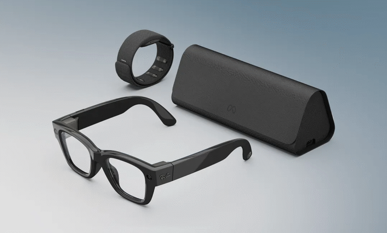 Black Ray-Ban smart glasses, a charging case, and a fitness tracker.