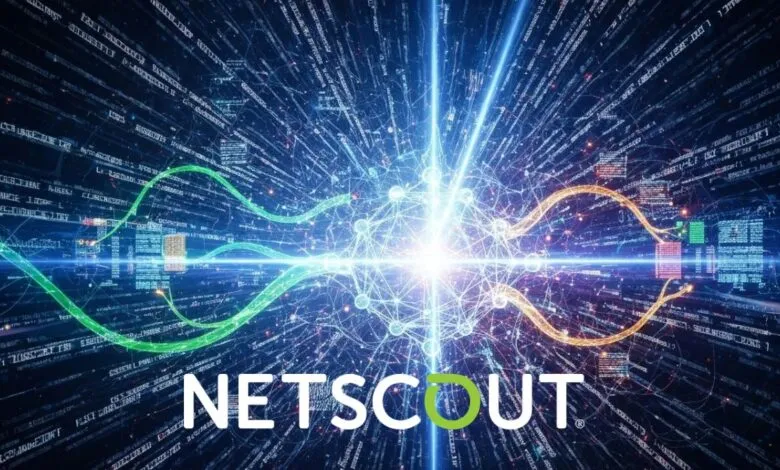 NetScout logo superimposed on a digital network visualization with glowing lines and code.