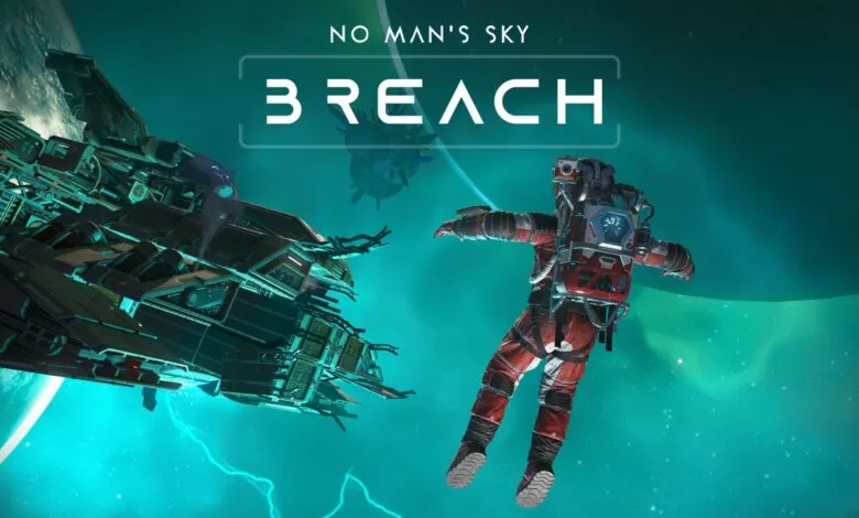 Astronaut in red suit floating in space near a large spaceship, with 'No Man's Sky Breach' logo.