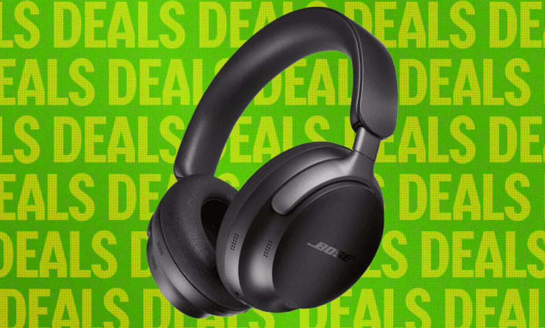 Black Bose noise-canceling headphones on a bright green background with repeating text.