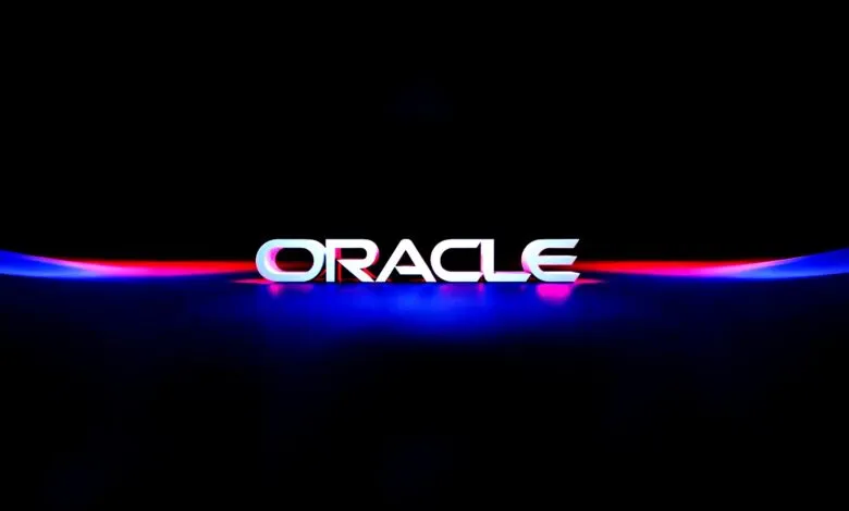 The Oracle logo in white 3D lettering against a black background with blue and red light streaks.