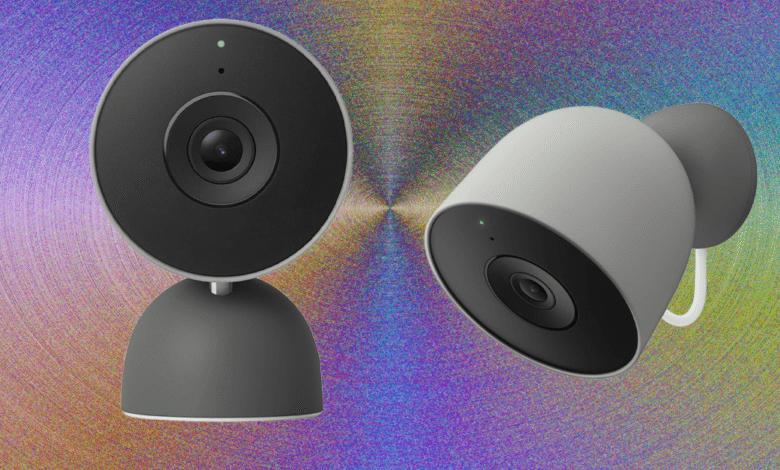 Two Google Nest security cameras, one indoor and one outdoor, against a colorful, textured background.