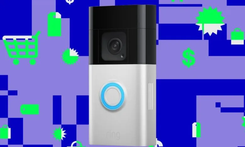 Ring battery video doorbell with a blue illuminated button against a purple and blue graphic background.