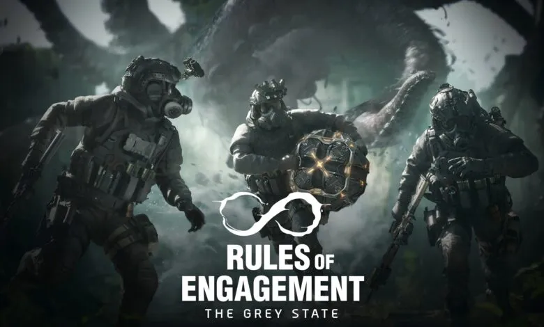 Three soldiers in tactical gear and gas masks stand ready, one holding a glowing orb.