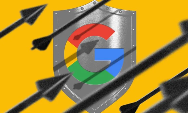 Google logo on a shield being attacked by arrows