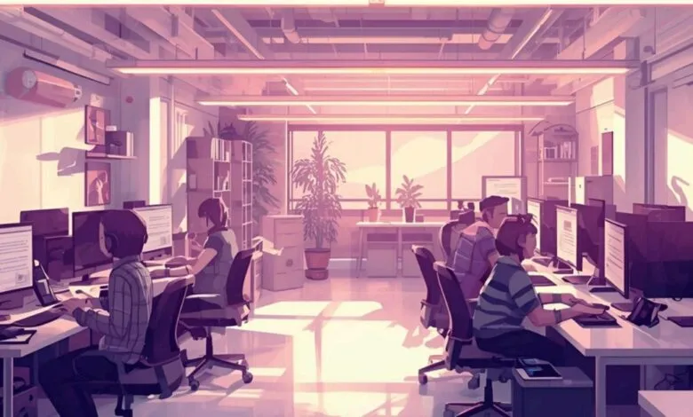 People working at computers in a modern, sunlit office with purple and pink hues.