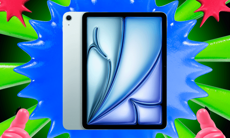 Silver tablet device with a vibrant, abstract digital art display, surrounded by colorful, spiky abstract shapes.