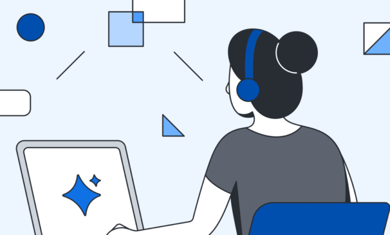 Person wearing headphones working on a laptop with abstract shapes floating around.