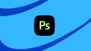 The Adobe Photoshop logo with 'Ps' in lime green on a black square against a bright blue background with dark blue curved lines.