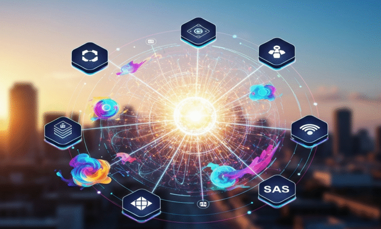 Digital network connecting abstract icons and colorful energy bursts over a city skyline at sunset.