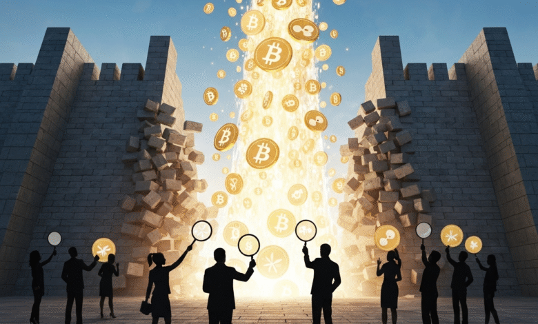 Silhouettes of people holding magnifying glasses and looking at falling Bitcoin and cryptocurrency symbols.