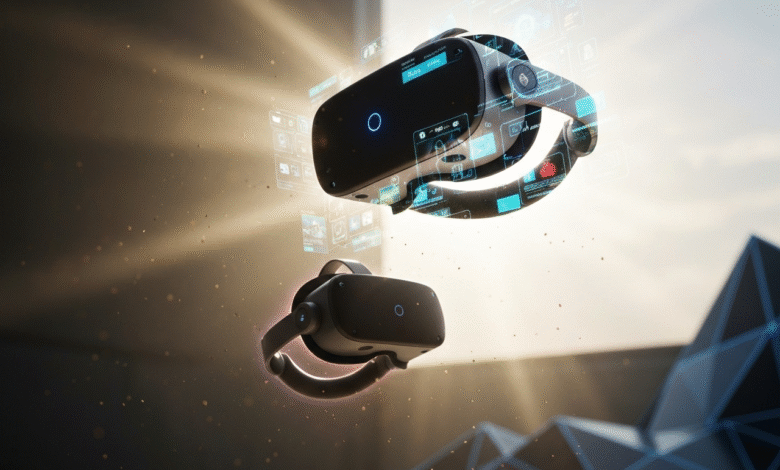 Two VR headsets float in a futuristic environment with holographic displays.