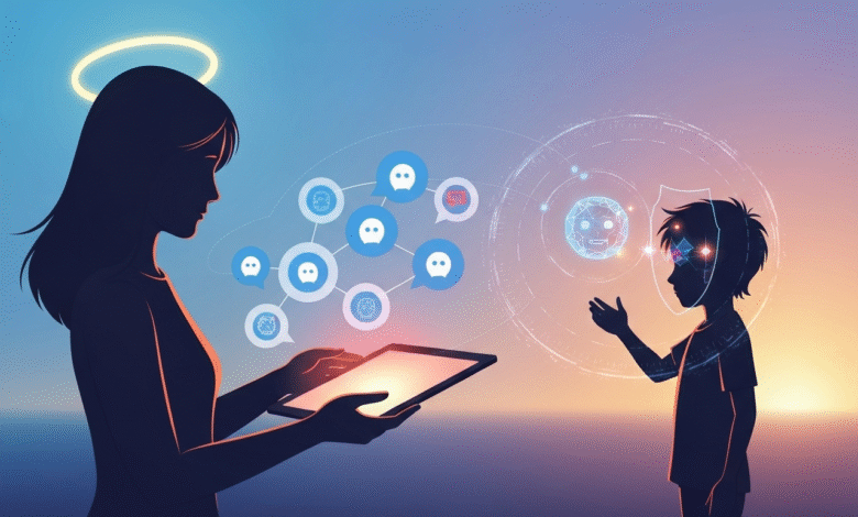 Silhouette of a woman with a halo holding a tablet, connecting to a child with a digital interface.