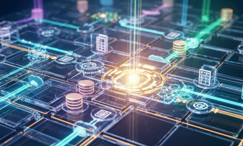 Abstract digital network with glowing nodes and data streams.