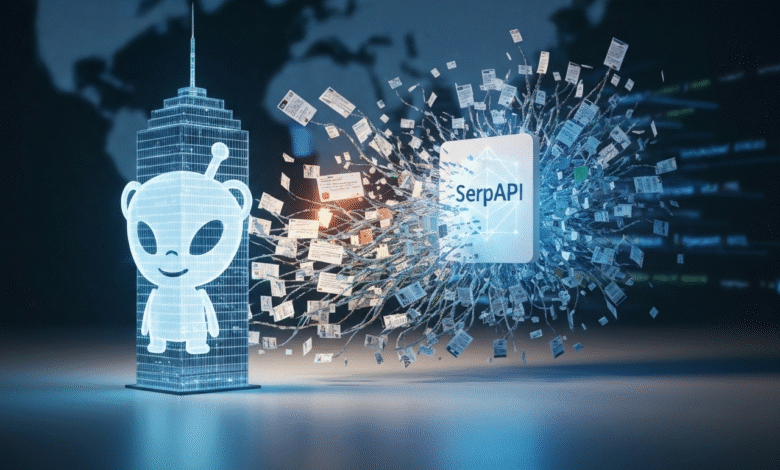 Holographic alien building and data explosion with SerpAPI logo