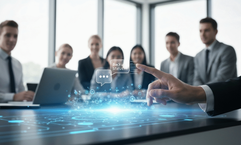 A hand points to a holographic display showing a chat bubble with 'Backup Status?' during a business meeting.