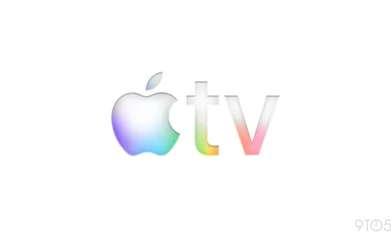 Apple TV logo with a gradient of rainbow colors on a white background.