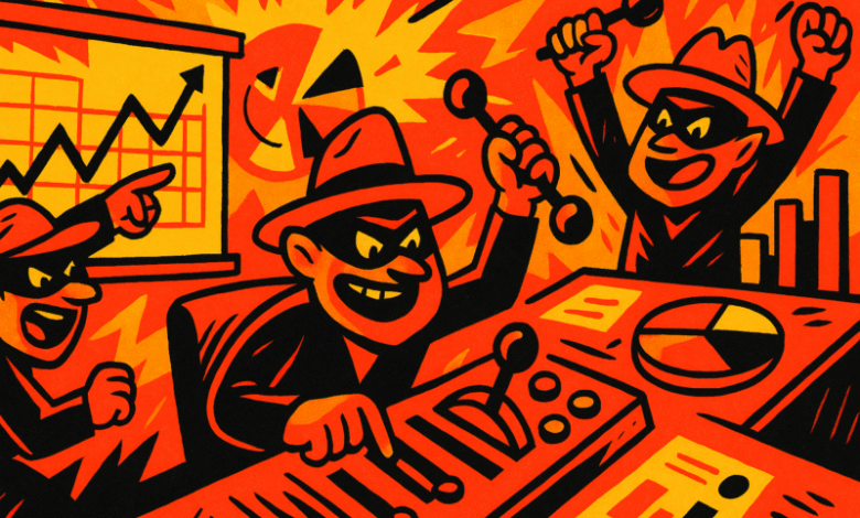 Cartoon bandits in masks and hats operating complex controls with charts and graphs.