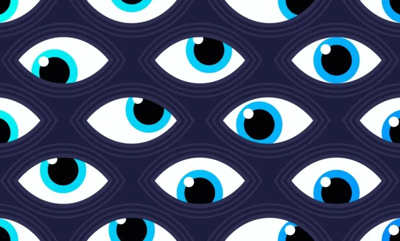 Pattern of stylized eyes with bright blue irises and black pupils on a dark background.