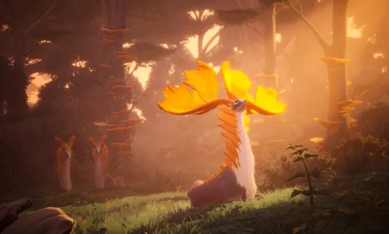 Fantasy forest scene with glowing orange flora and fauna.