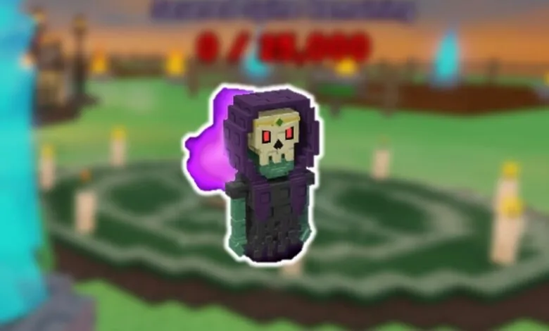 Pixelated character with skull face and purple aura in a fantasy game setting.