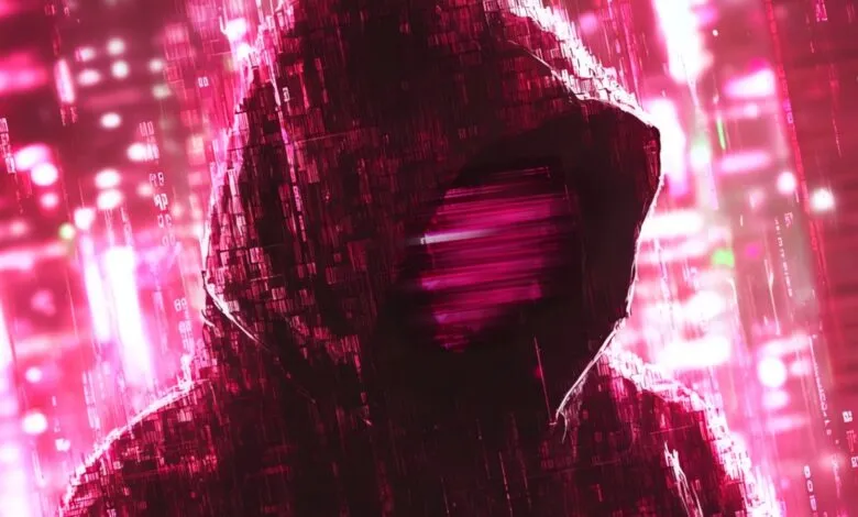 A hooded figure in a digital world, with pink binary code and city lights.