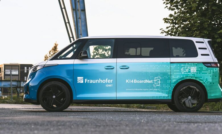 Side view of a white and blue electric van with Fraunhofer IDMT and KI4BoardNet branding.