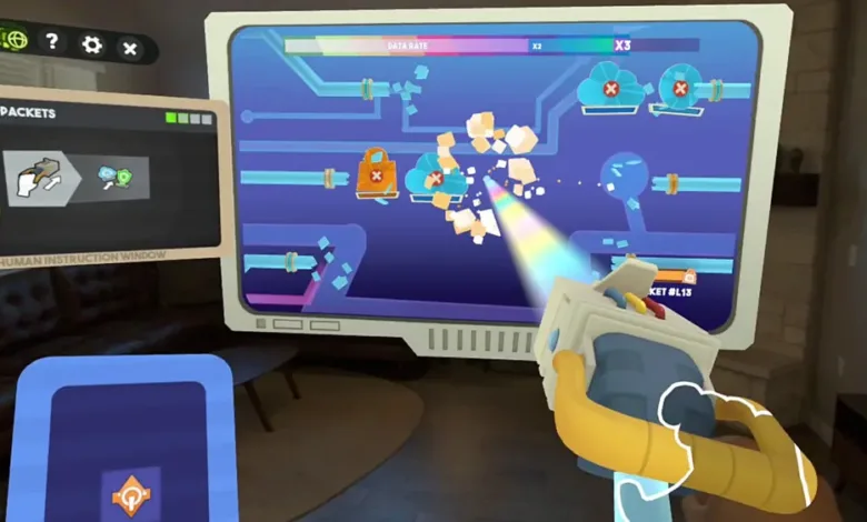 VR headset view of a game interface showing data packets and network connections.