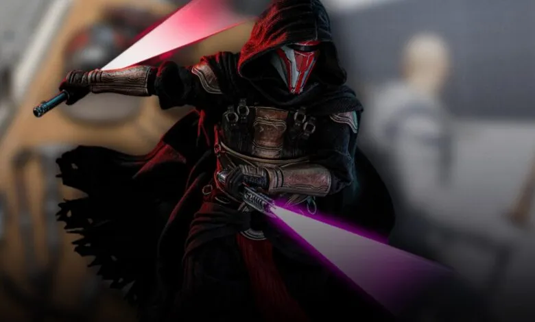A figure in dark robes and a red and silver mask wields two glowing lightsabers.