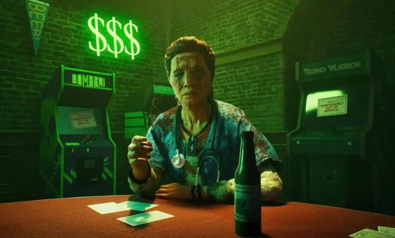 A person in a blood-stained lab coat sits at a table with arcade machines and neon signs.
