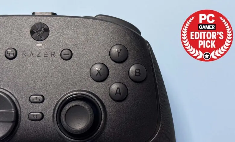 Close-up of a black Razer gaming controller with PC Gamer Editor's Pick badge.