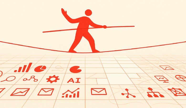 Red silhouette of a person balancing on a tightrope above a grid of technology icons.