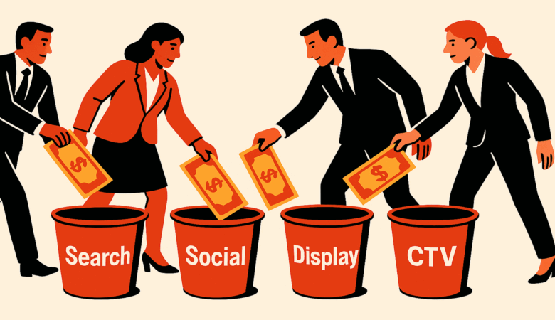 Four business people in suits throwing money into trash cans labeled Search, Social, Display, and CTV.