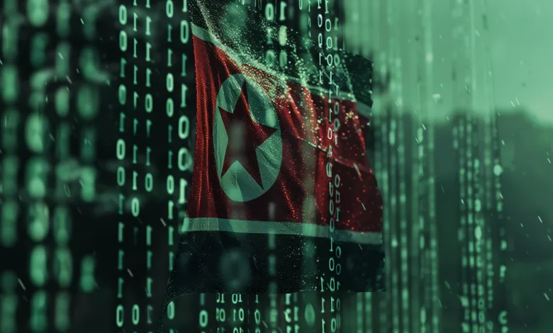 North Korean flag superimposed over a digital background of binary code.