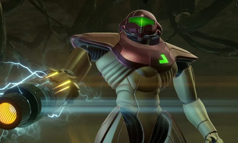 Samus Aran in her Power Suit, charging her arm cannon with blue energy.