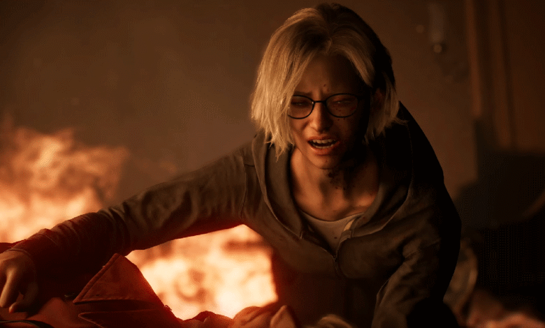 A young woman with glasses cries out in distress amidst flames and smoke.