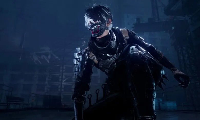 A character with a mask and white hair crouches in a dark, rainy environment.