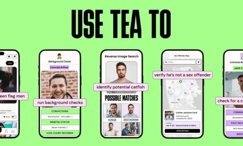 Screenshots of a mobile app called TEA showing features for background checks and safety verification.