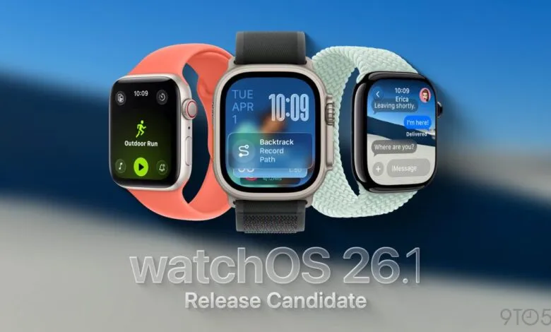 Three Apple Watches displaying different watchOS features against a blue gradient background.