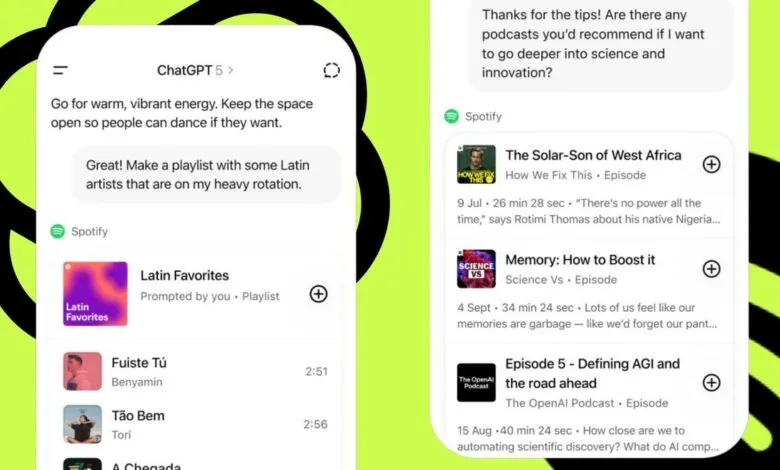Screenshot showing ChatGPT generating a Spotify playlist and recommending podcasts.